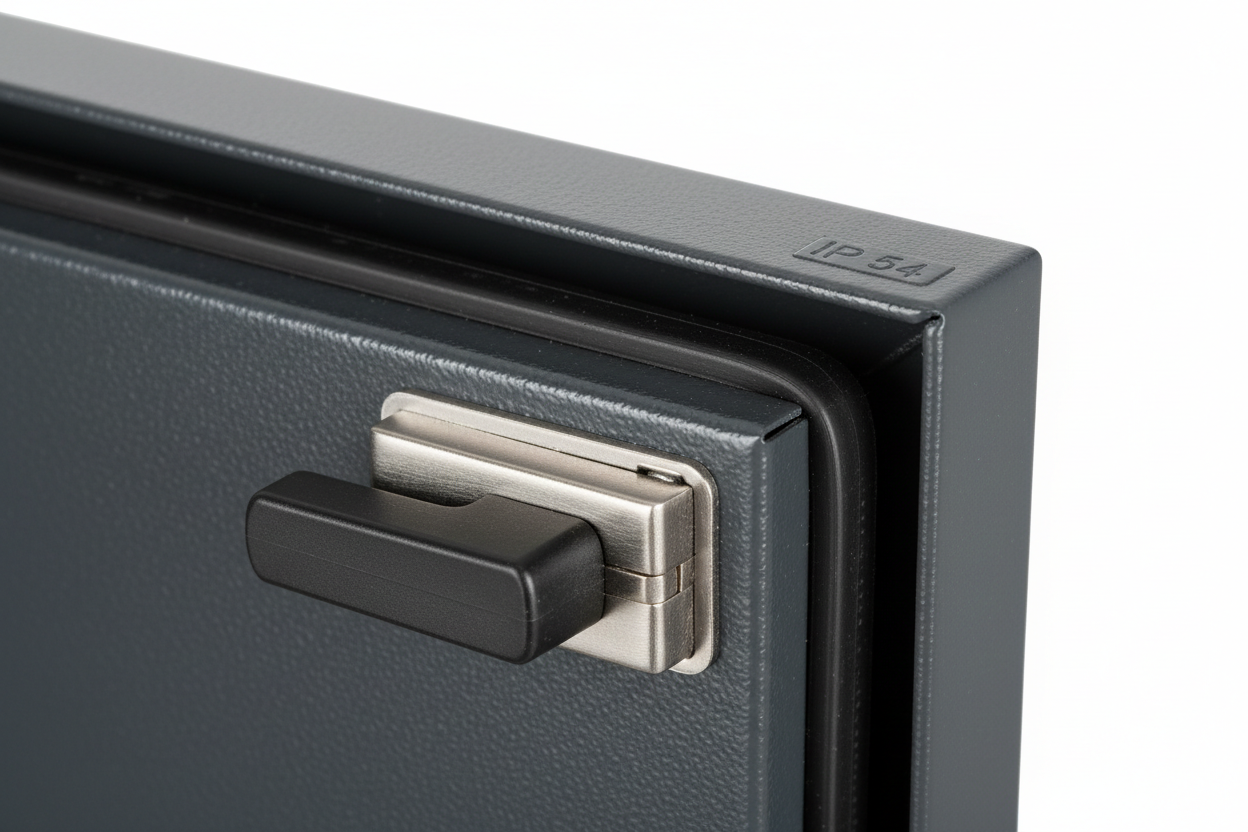 Knurr 12U Wall-Mount Enclosure IP 54 — Close-up of IP 54 door gasket seal, hinged door latch mechanism, and RAL 7021 corner treatment