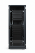 Knurr MIR2 47U Network Server Rack — Studio shot in RAL 7021 dark grey with front glass door closed