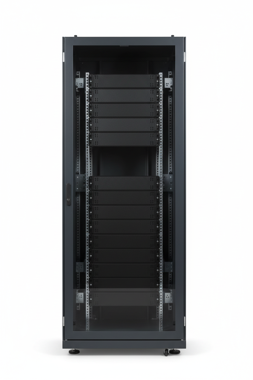 Knurr MIR2 47U Network Server Rack — Studio shot in RAL 7021 dark grey with front glass door closed