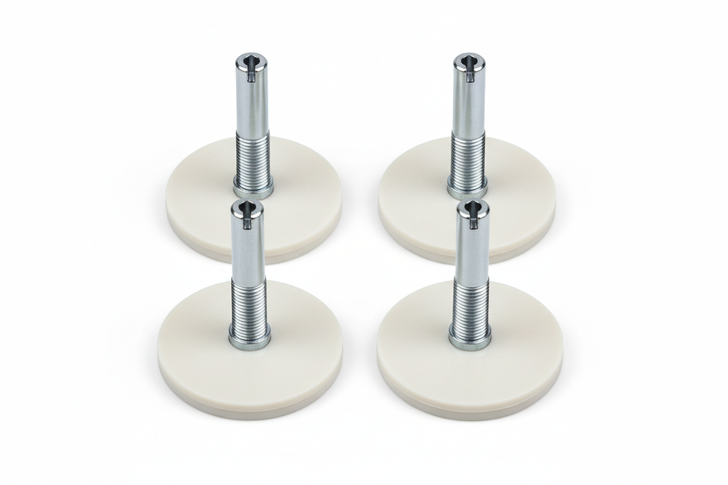Knurr M12 Adjustable Leveling Feet 4-Pack — Studio shot showing polyamide base pad, zinc-plated rod, and adjustment slot