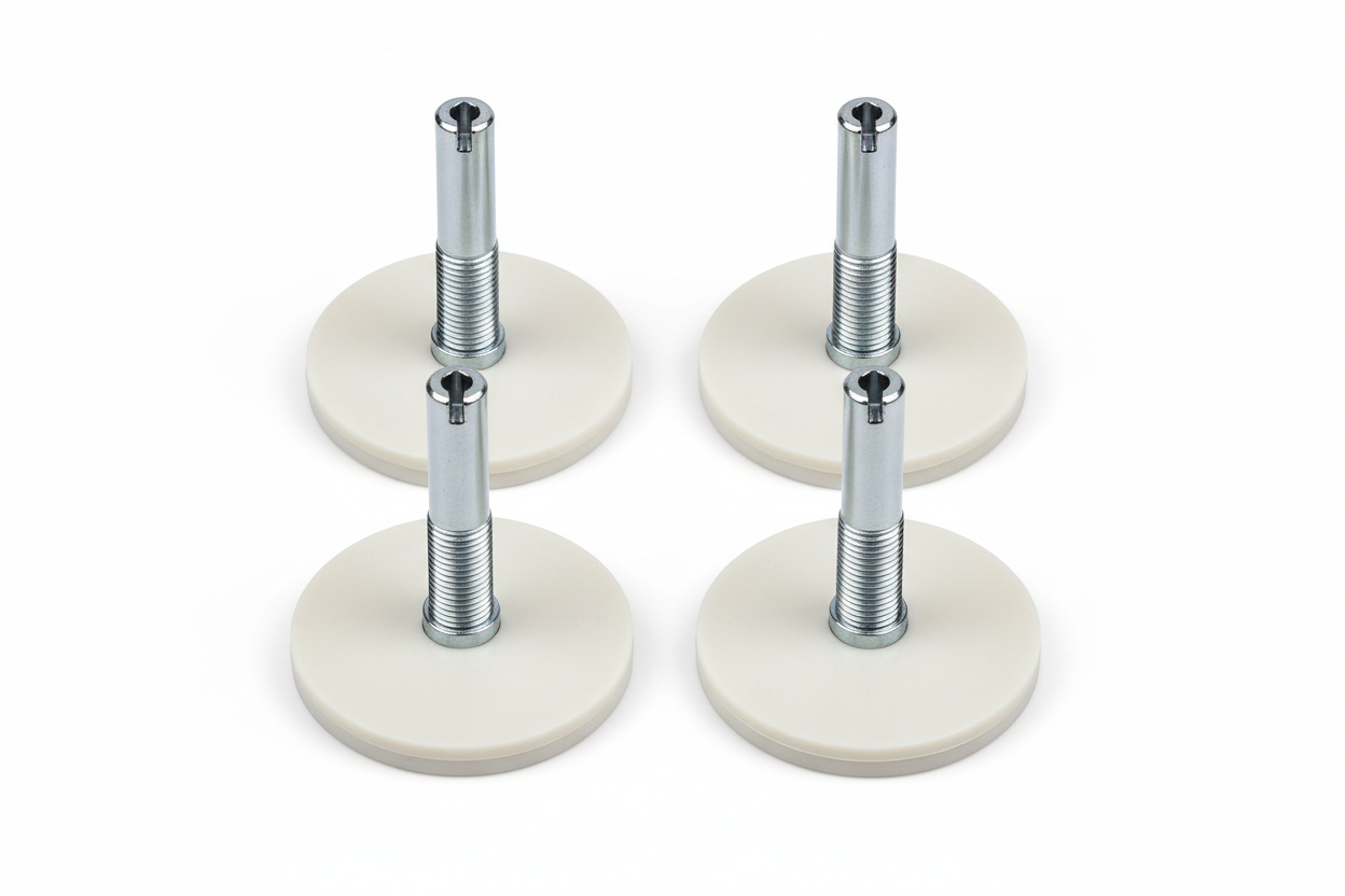 Knurr M12 Adjustable Leveling Feet 4-Pack — Studio shot showing polyamide base pad, zinc-plated rod, and adjustment slot