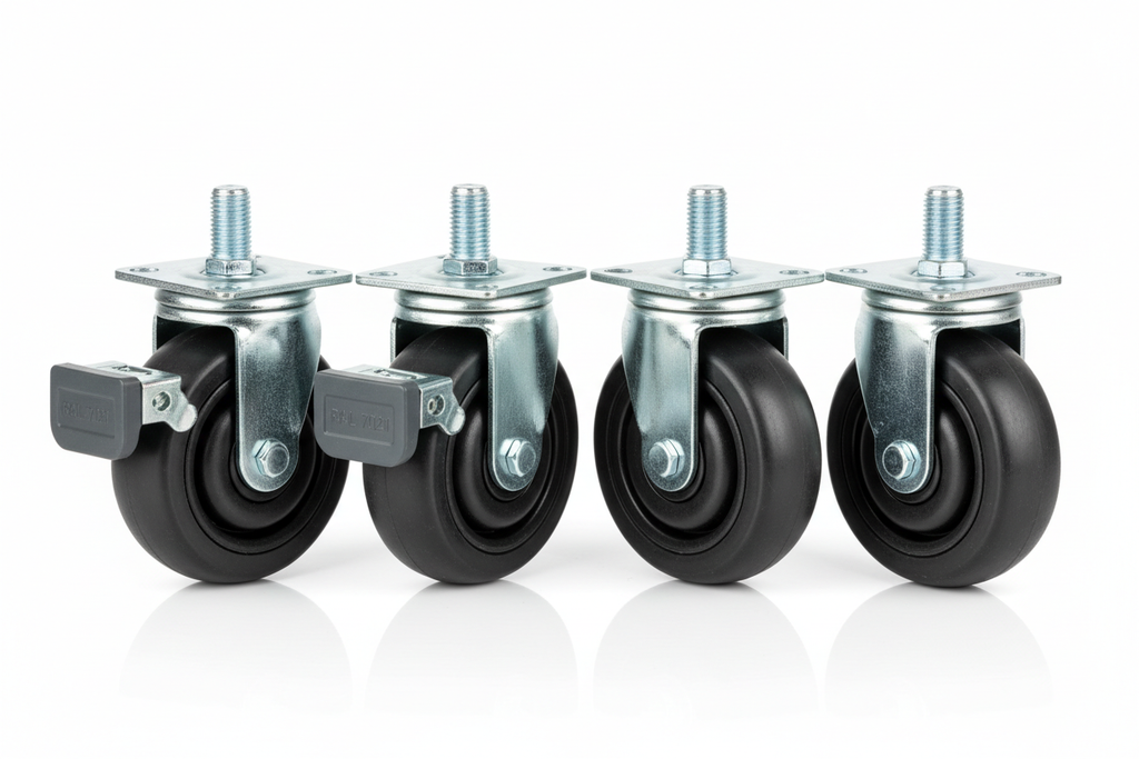 Knurr Heavy-Duty Caster Set 125mm 4-Pack — Studio shot showing two brake casters and two plain swivel casters with fork, wheel, and mounting bolt