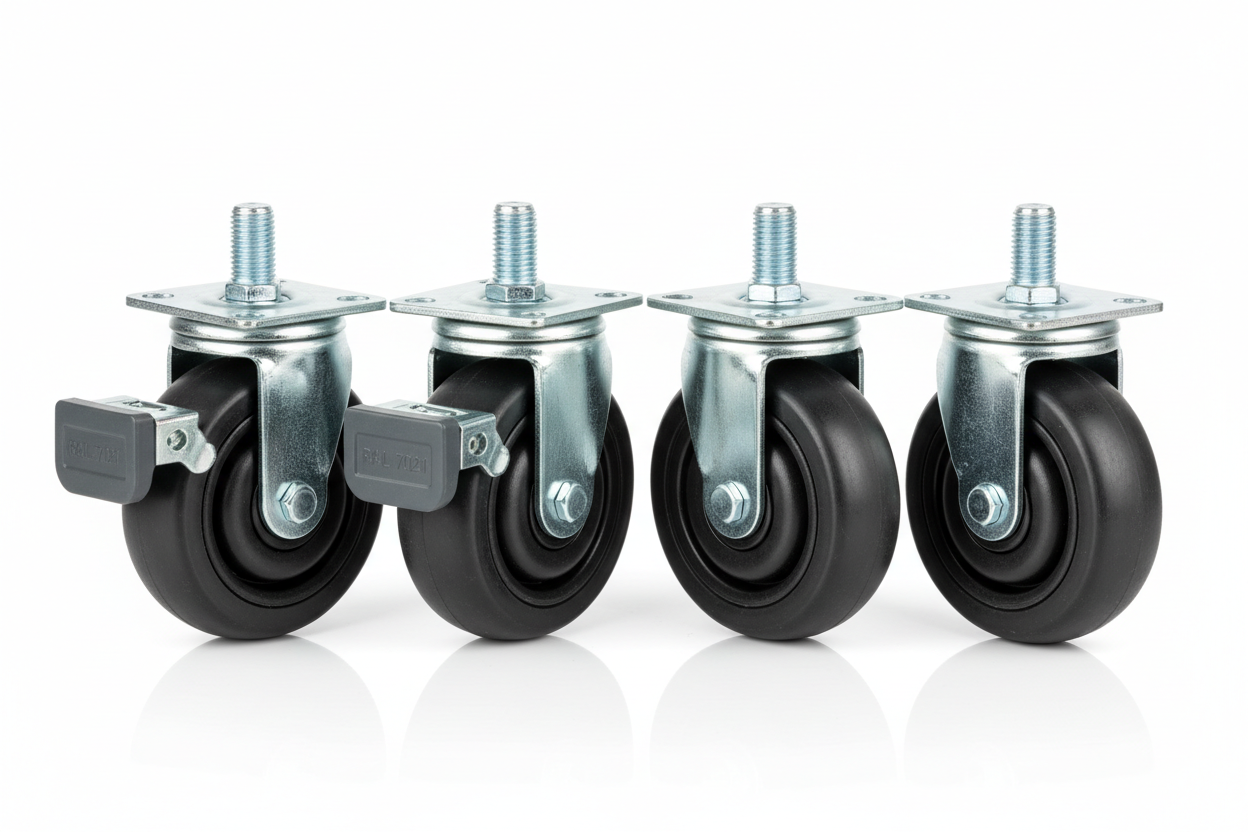 Knurr Heavy-Duty Caster Set 125mm 4-Pack — Studio shot showing two brake casters and two plain swivel casters with fork, wheel, and mounting bolt