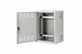 Knurr 6U Wall-Mount Network Enclosure IP 20 — Studio shot with front door open revealing 6U 19-inch interior and ventilation slots