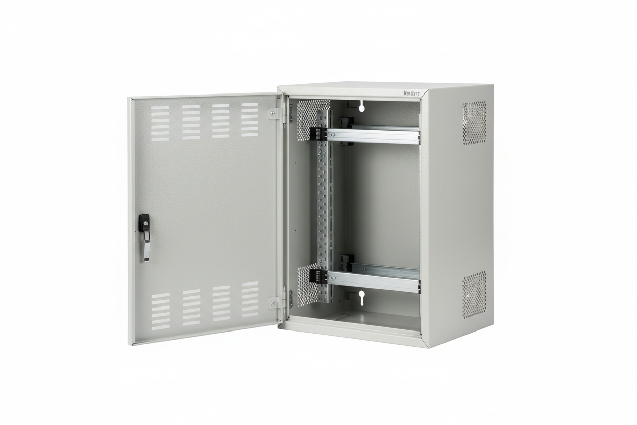 Knurr 6U Wall-Mount Network Enclosure IP 20 — Studio shot with front door open revealing 6U 19-inch interior and ventilation slots