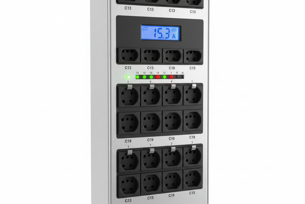 Knurr Vertical 0U PDU — Close-up of LCD current display, C13/C19 outlet labeling, and per-outlet status LED row