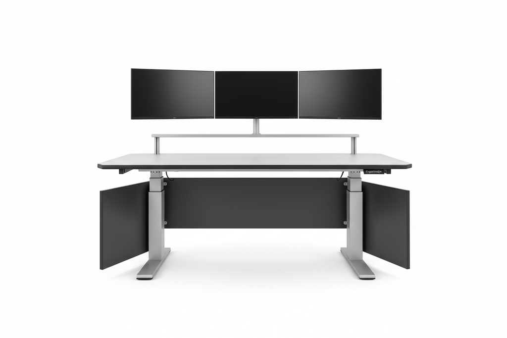 Knurr SynergyConsole Sit-Stand Workstation — Studio shot showing ErgoEdge worktop and monitor rail