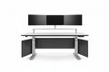 Knurr SynergyConsole Sit-Stand Workstation — Studio shot showing ErgoEdge worktop and monitor rail
