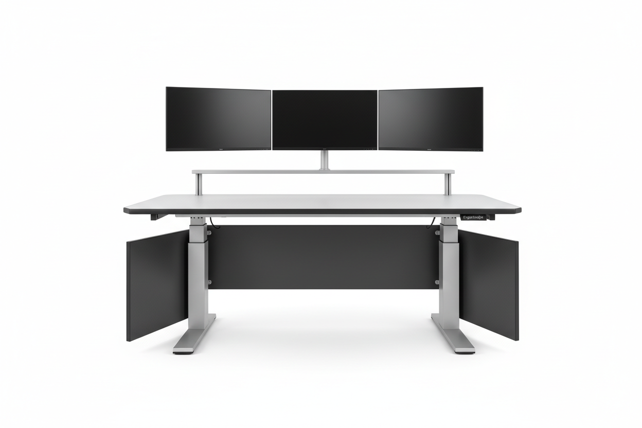 Knurr SynergyConsole Sit-Stand Workstation — Studio shot showing ErgoEdge worktop and monitor rail