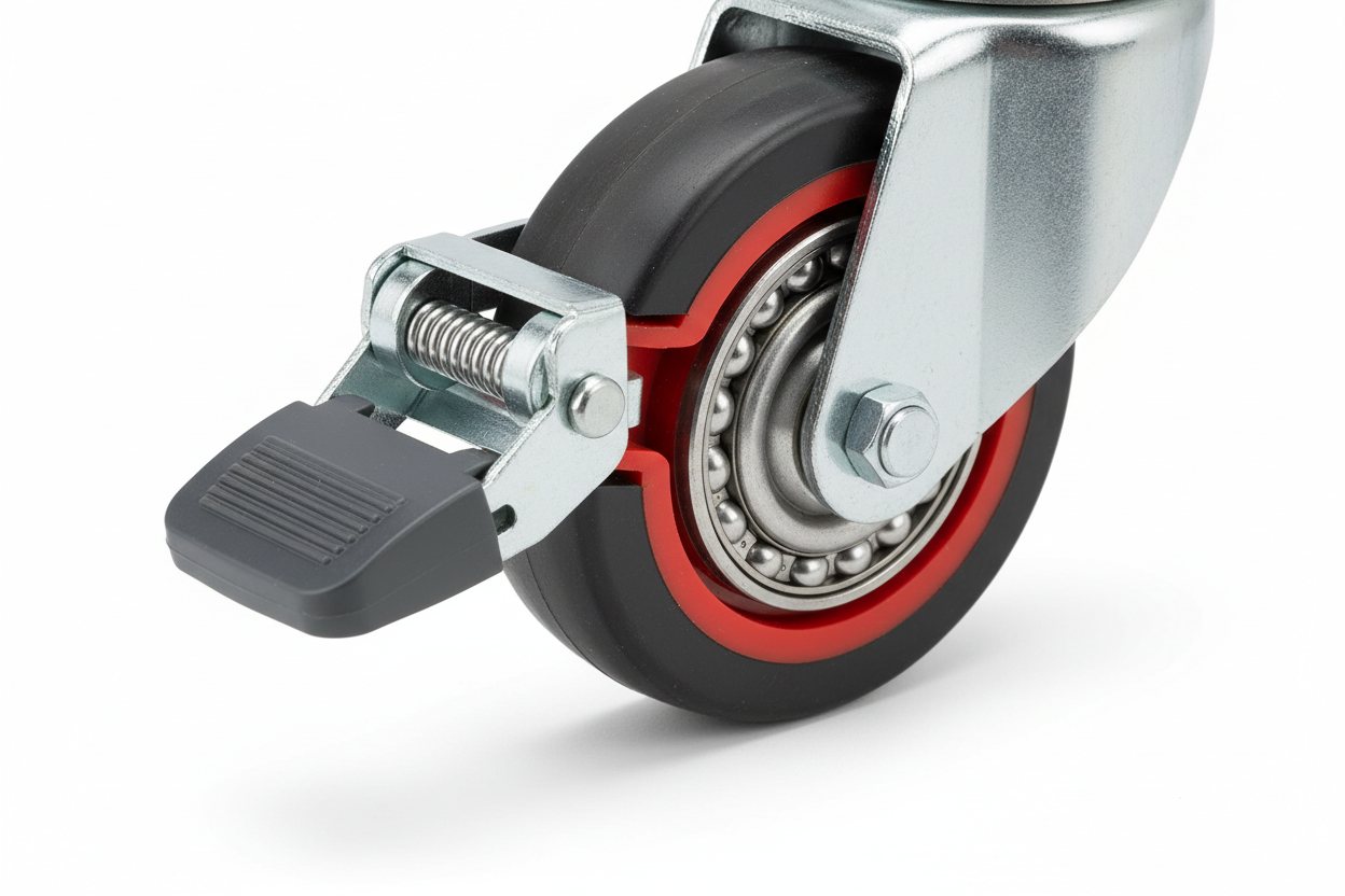 Knurr Caster Set — Close-up of brake pedal mechanism, double-ball-bearing wheel hub, and zinc-plated fork assembly