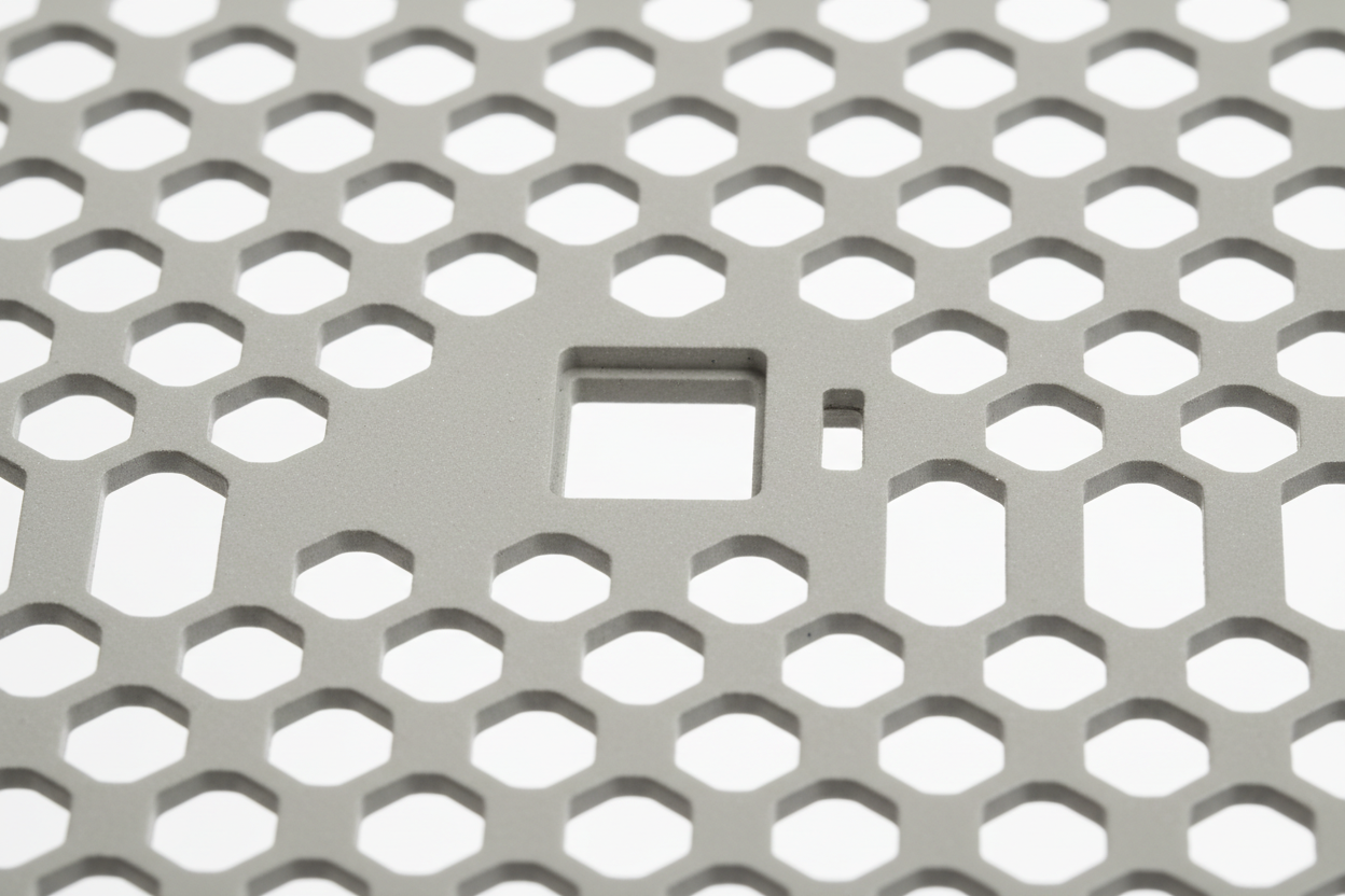 Knurr 2U Vented Blanking Panel — Close-up of 30% perforation pattern, M6 cage nut mounting hole, and RAL 7035 edge finish