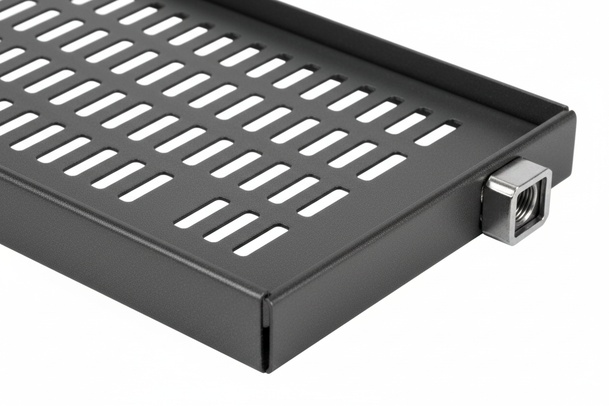 Knurr 1U Rack Shelf — Close-up of perforated deck ventilation slots, M6 cage nut flange hole, and steel shelf edge treatment