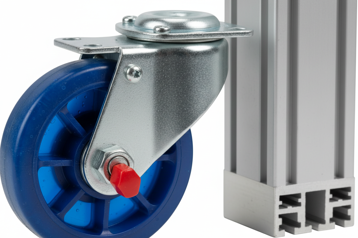 Knurr DacoMobile — Close-up of 125mm sapphire-blue castor, brake mechanism, and extruded aluminum vertical frame profile