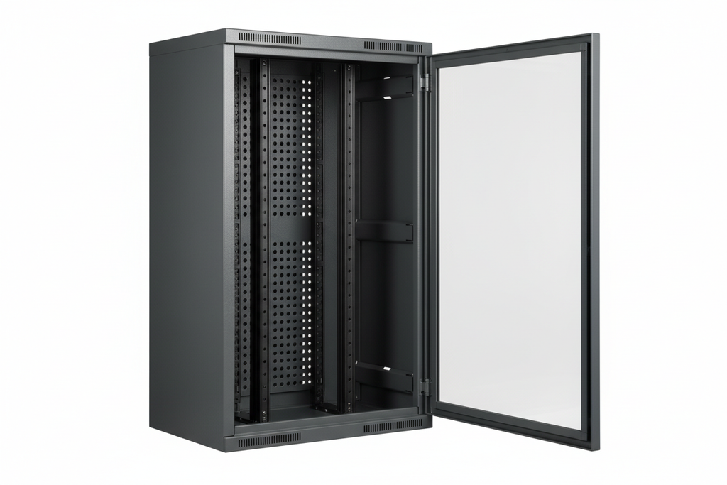 Knurr 12U Wall-Mount Network Enclosure IP 54 — Studio shot with glass door open at 180° showing 19-inch rail interior and ventilation slots