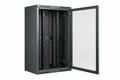 Knurr 12U Wall-Mount Network Enclosure IP 54 — Studio shot with glass door open at 180° showing 19-inch rail interior and ventilation slots
