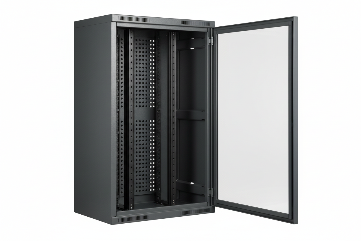 Knurr 12U Wall-Mount Network Enclosure IP 54 — Studio shot with glass door open at 180° showing 19-inch rail interior and ventilation slots