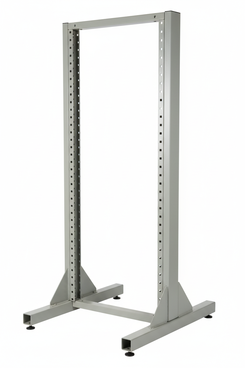 Knurr 2-Post Open Frame Relay Rack 25U — Studio shot showing mounting rails and leveling feet from 3/4 angle