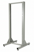 Knurr 2-Post Open Frame Relay Rack 25U — Studio shot showing mounting rails and leveling feet from 3/4 angle