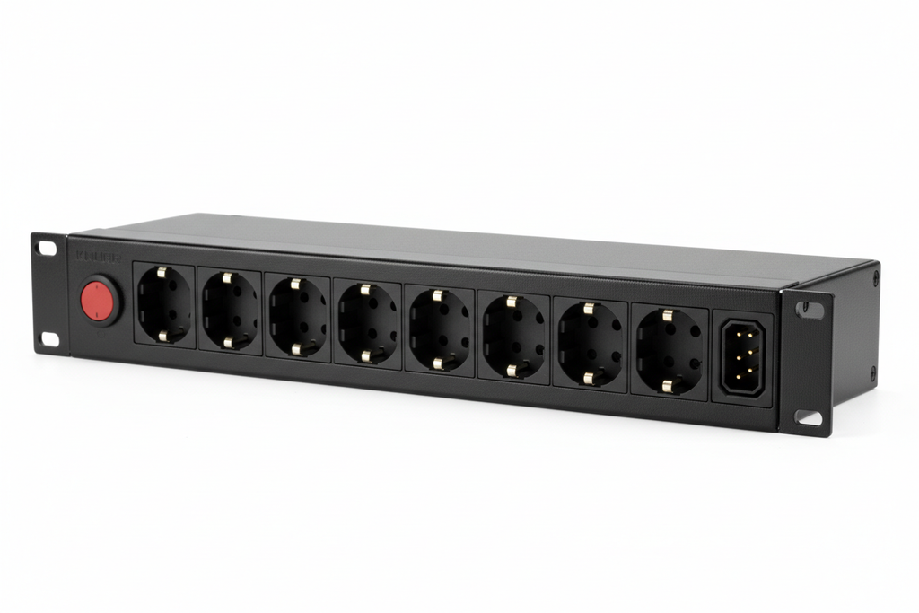 Knurr 1U Horizontal Rack PDU 16A 8-Outlet — Studio shot showing all 8 C13 outlets, C20 input, and circuit breaker