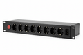 Knurr 1U Horizontal Rack PDU 16A 8-Outlet — Studio shot showing all 8 C13 outlets, C20 input, and circuit breaker