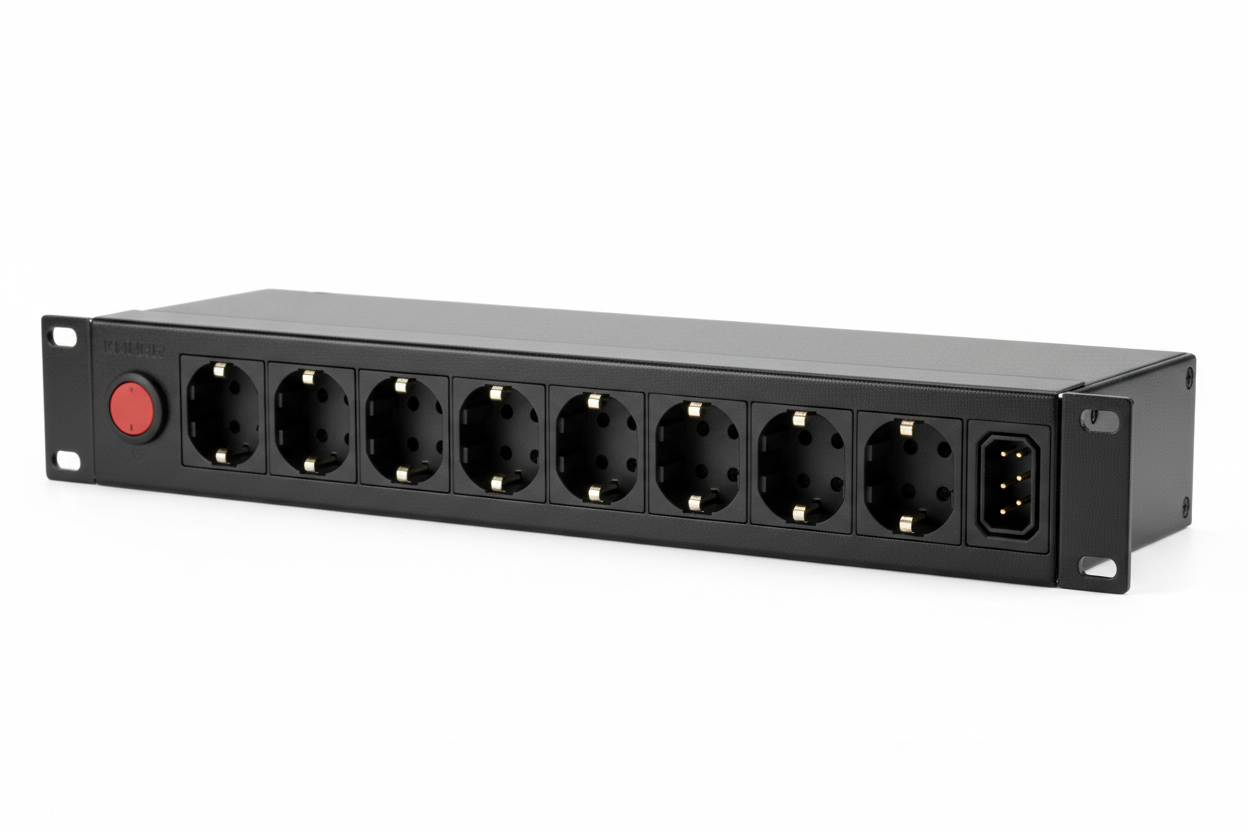 Knurr 1U Horizontal Rack PDU 16A 8-Outlet — Studio shot showing all 8 C13 outlets, C20 input, and circuit breaker