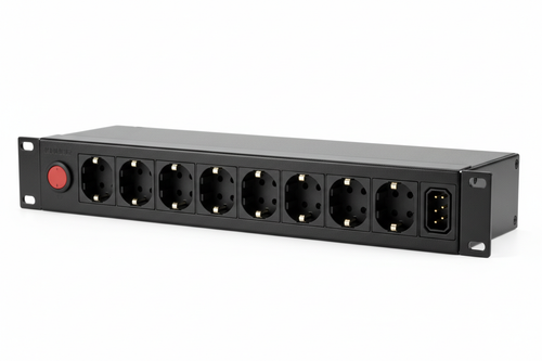 Knurr 1U Horizontal Rack PDU 16A 8-Outlet — Studio shot showing all 8 C13 outlets, C20 input, and circuit breaker