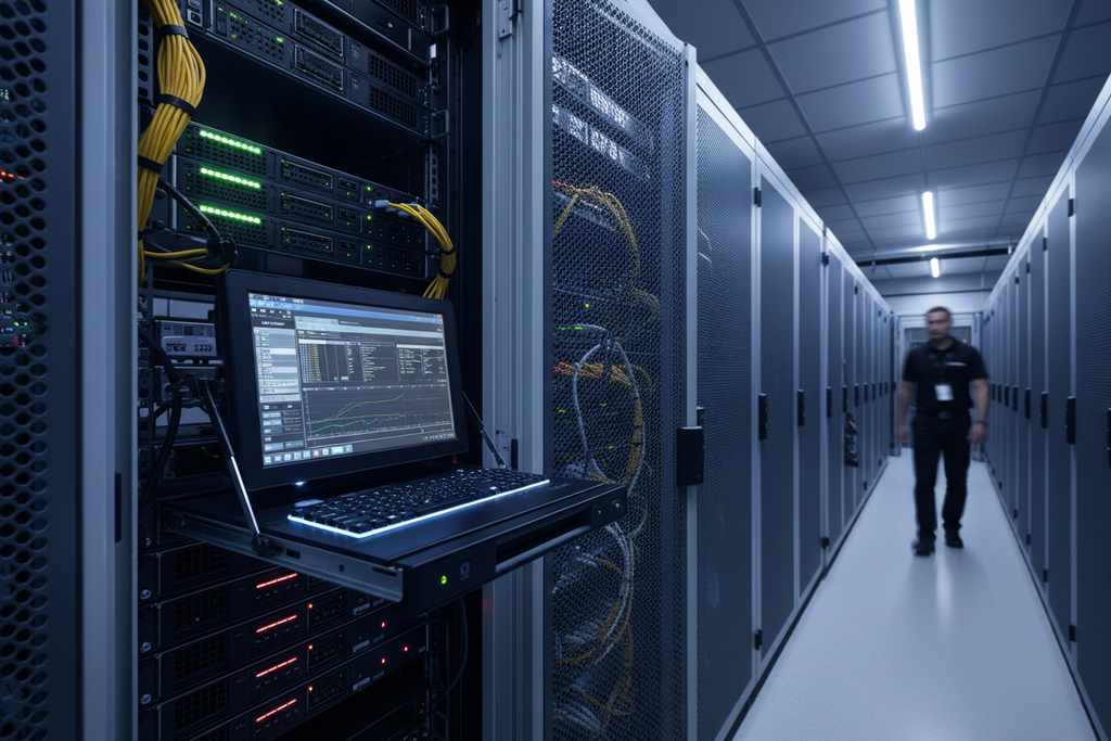 Knurr 1U KVM Console Drawer — Deployed at technician eye level in a populated 42U server rack inside a data center cage