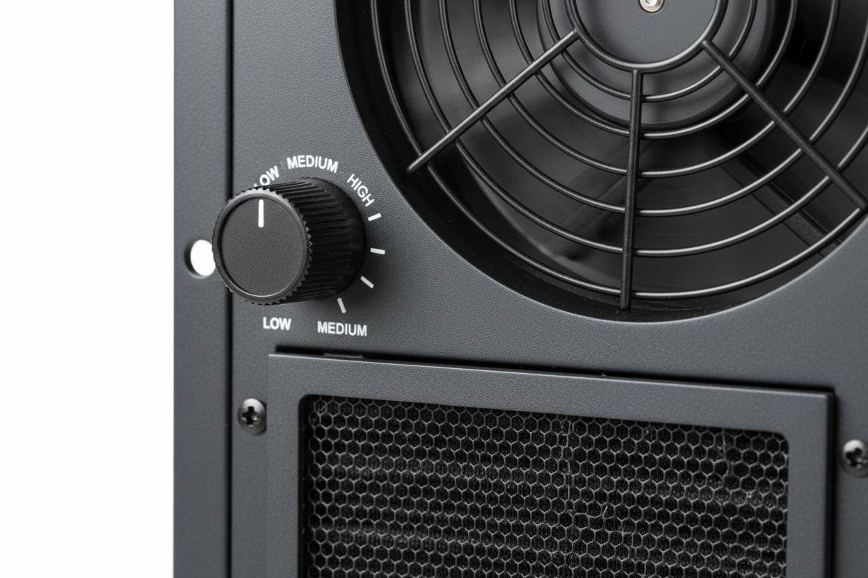 Knurr 2U Rack Fan Tray — Close-up of speed controller dial, individual fan blade guard, and replaceable filter mesh