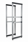 Knurr 4-Post Open Frame Rack 42U — Studio shot showing open sides, adjustable rails, and leveling feet