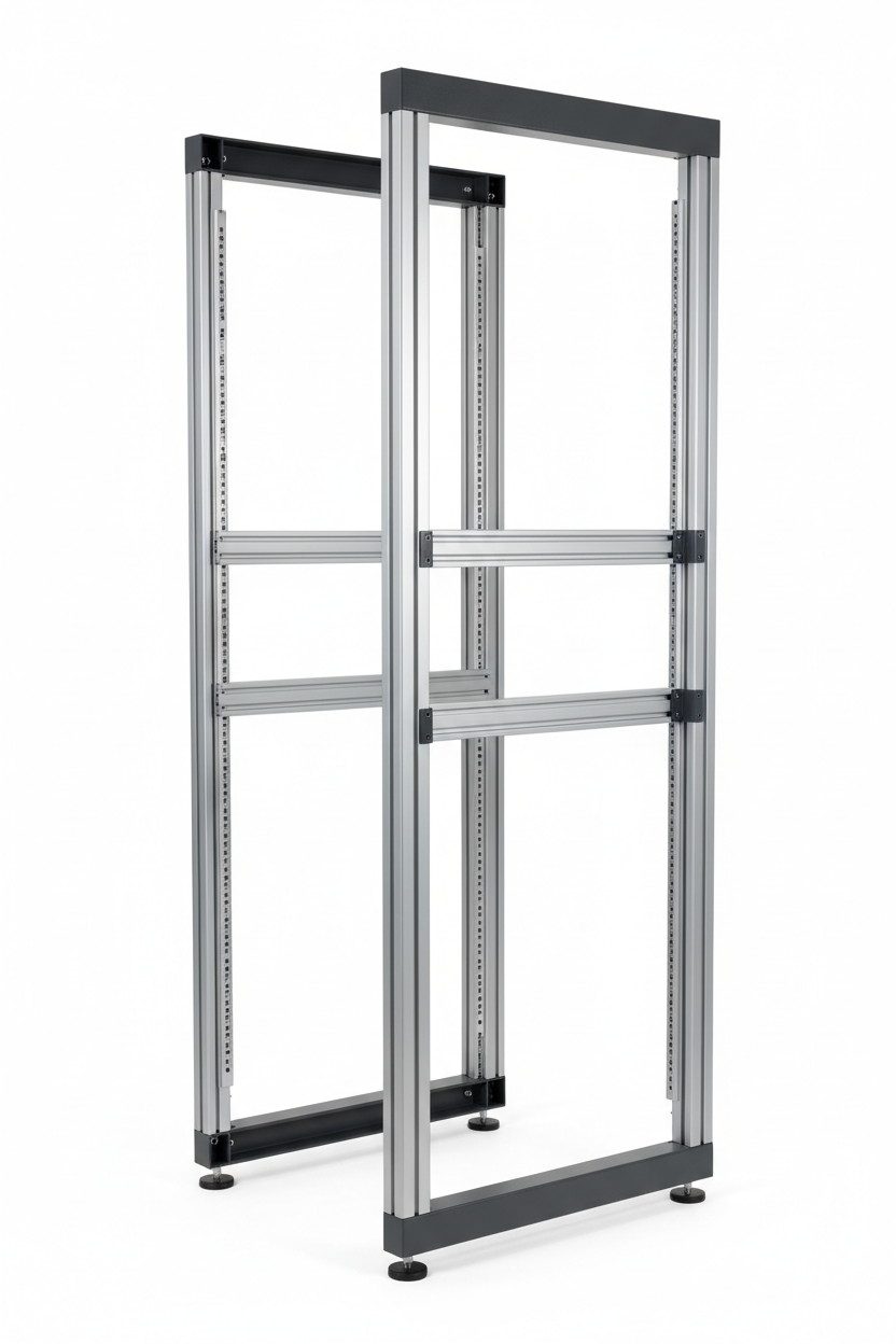 Knurr 4-Post Open Frame Rack 42U — Studio shot showing open sides, adjustable rails, and leveling feet