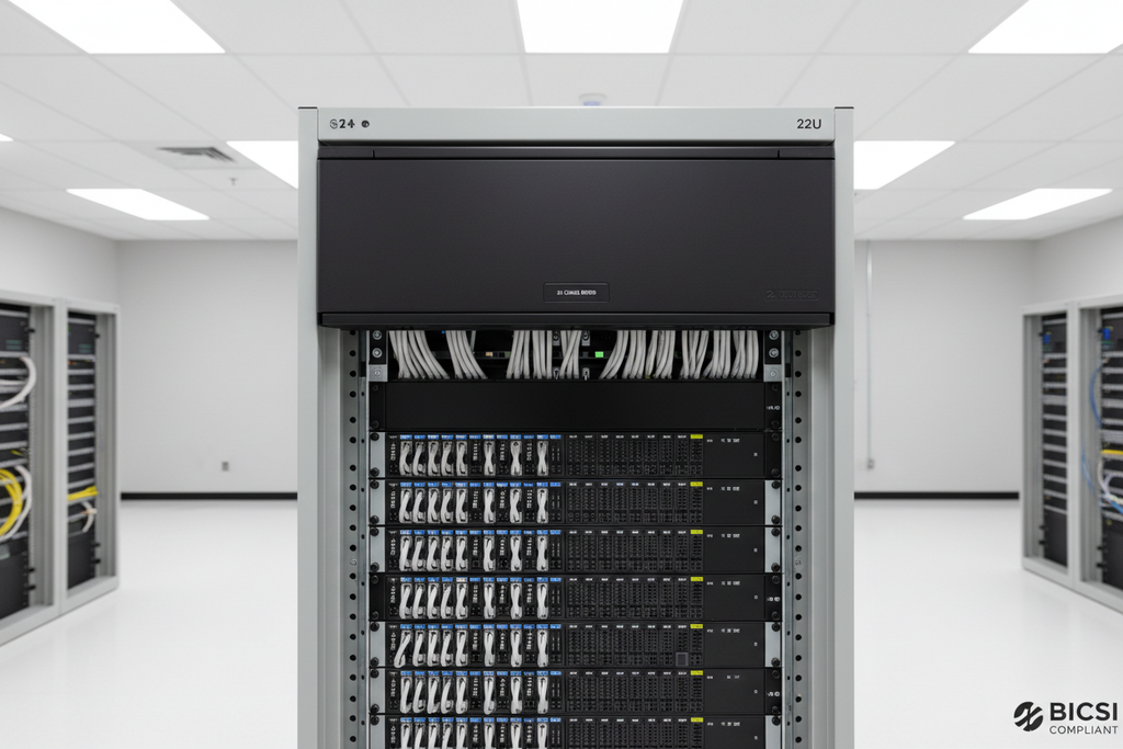 Knurr 2U Horizontal Cable Manager — Deployed at top of 42U patch panel section with CAT6A cables inside and cover closed