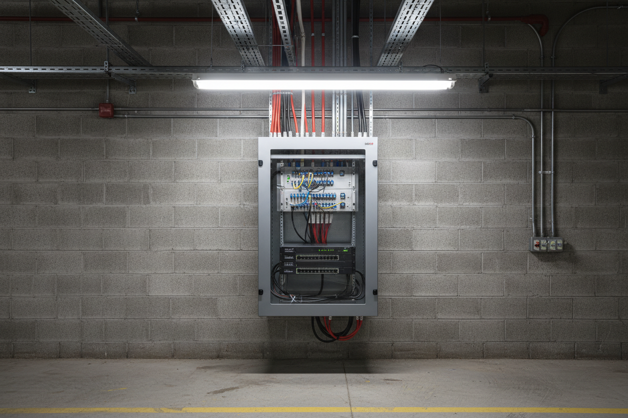 Knurr 12U Wall-Mount Enclosure IP 54 — Mounted on cinder-block wall in industrial manufacturing plant with PoE switch and fiber patch panel
