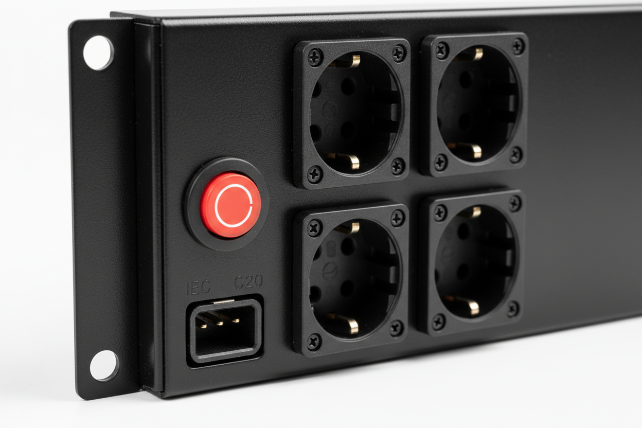 Knurr 1U Horizontal PDU — Close-up of IEC C13 outlet cluster, circuit breaker button, and C20 inlet connector
