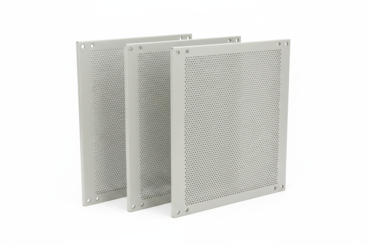 Knurr 2U Vented Blanking Panel 5-Pack — Studio shot showing 30% perforated face and RAL 7035 light-grey finish
