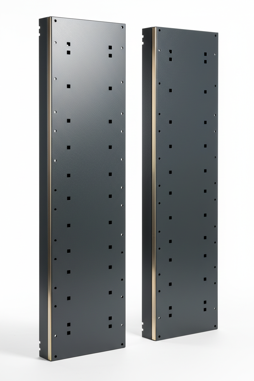 Knurr Side Panel Kit Steel Pair — Studio shot of panel pair propped upright showing steel face, powder-coat texture, mounting hole array, and RAL 7021 finish