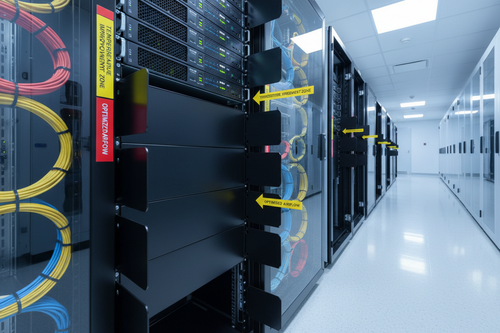 Knurr 1U Blanking Panels — Installed across unused rack unit positions between servers in a live data center rack