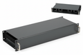 Knurr 2U Horizontal Cable Manager with Cover — Studio shot showing closed cover position and open cover with cable channel interior