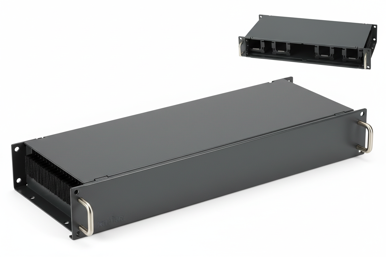 Knurr 2U Horizontal Cable Manager with Cover — Studio shot showing closed cover position and open cover with cable channel interior