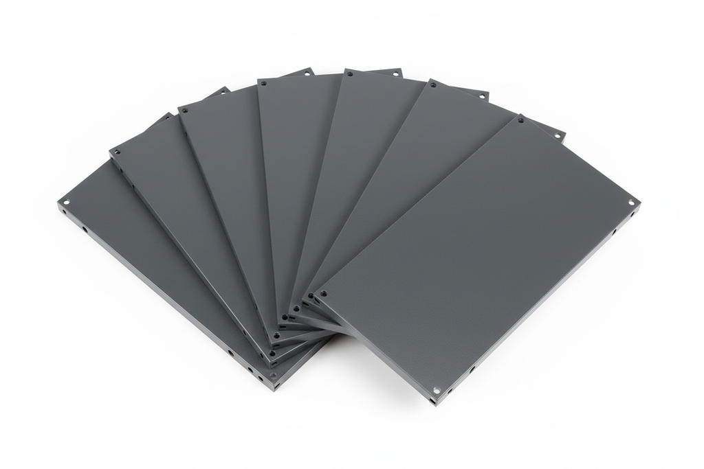 Knurr 1U Steel Blanking Panel 10-Pack — Five panels fanned out showing RAL 7021 dark-grey finish and mounting holes