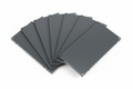 Knurr 1U Steel Blanking Panel 10-Pack — Five panels fanned out showing RAL 7021 dark-grey finish and mounting holes