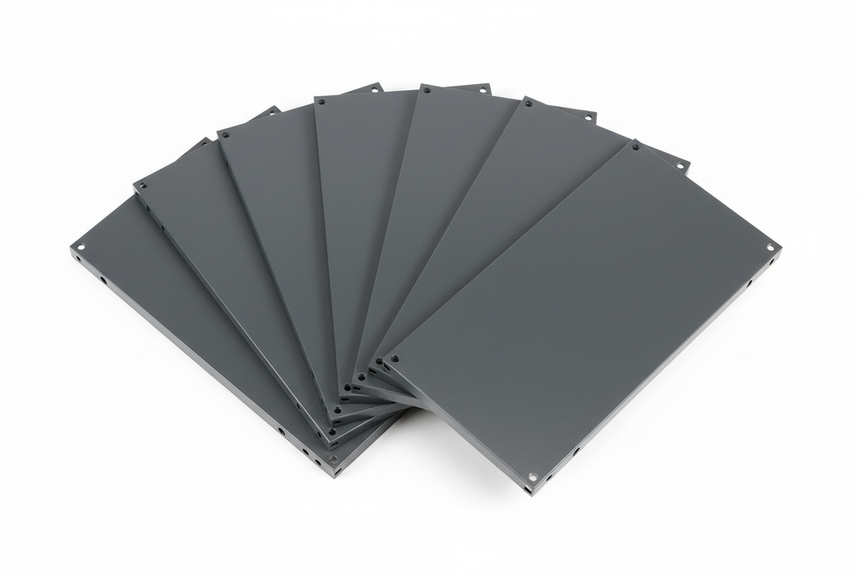 Knurr 1U Steel Blanking Panel 10-Pack — Five panels fanned out showing RAL 7021 dark-grey finish and mounting holes