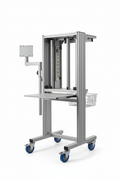 Knurr DacoMobile Medical Equipment Cart — Studio shot with open equipment bay showing 19-inch rails and integrated power strip