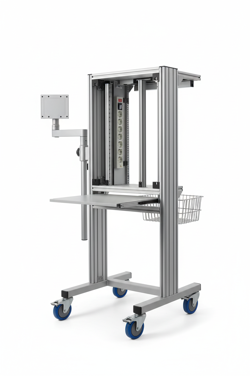 Knurr DacoMobile Medical Equipment Cart — Studio shot with open equipment bay showing 19-inch rails and integrated power strip